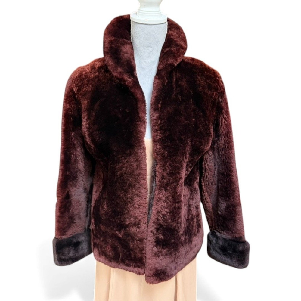 VINTAGE SEARS Fashion Faux‎ Fur Jacket Deep Burgundy Wine Red Coat Old Money